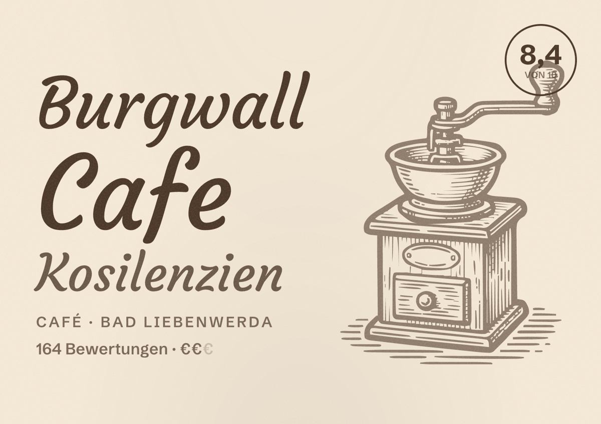 Illustriertes Poster von Burgwall Cafe Kosilenzien, Café in Bad Liebenwerda: Bewertung 8,4 von 10 aus 164 Bewertungen, Preisniveau €€