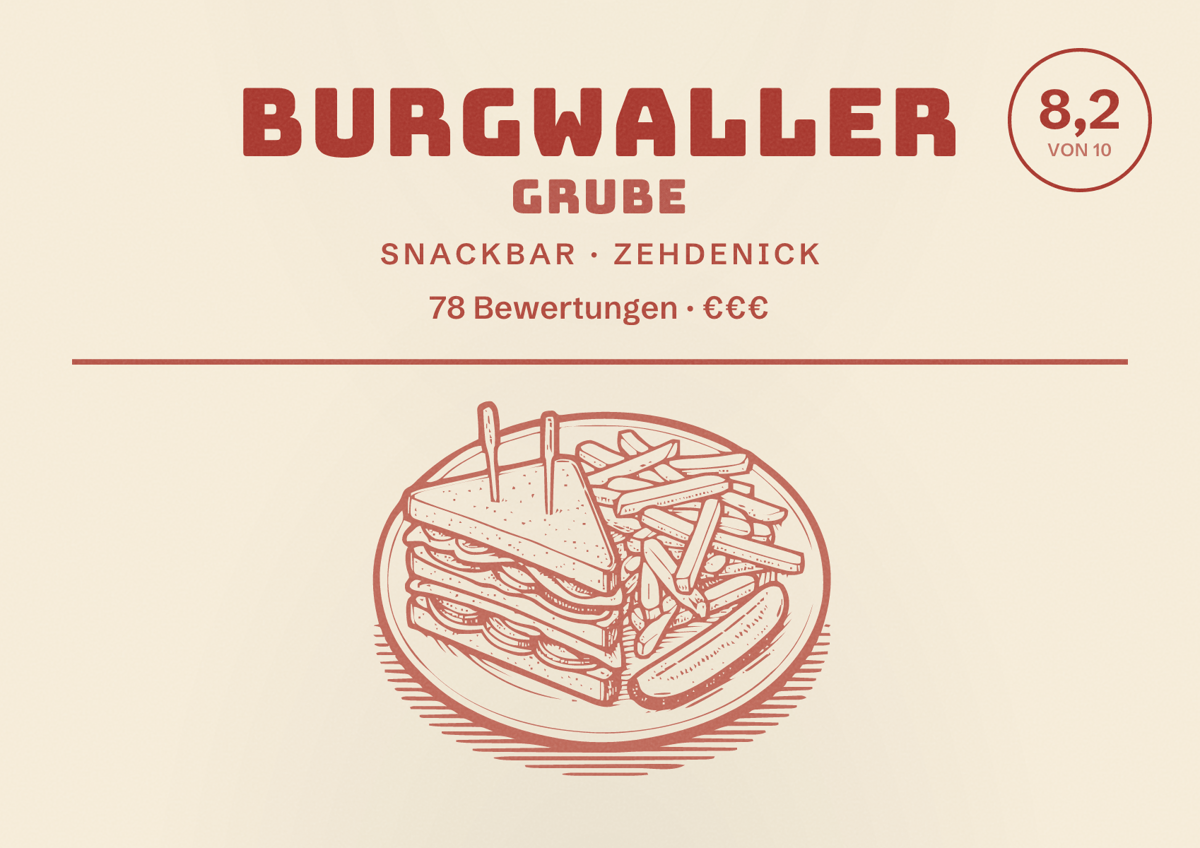 Illustriertes Poster von Burgwaller Grube, Snackbar in Zehdenick: Bewertung 8,2 von 10 aus 78 Bewertungen, Preisniveau €€€