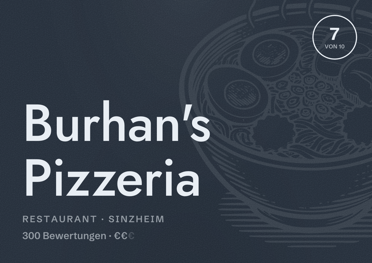 Illustriertes Poster von Burhan's Pizzeria, Restaurant in Sinzheim: Bewertung 7 von 10 aus 300 Bewertungen, Preisniveau €€