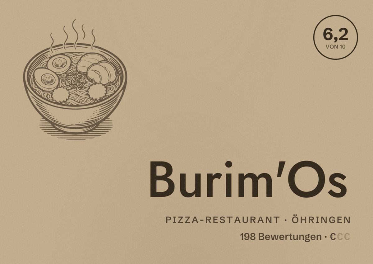 Illustriertes Poster von Burim'Os, Pizza-Restaurant in Öhringen: Bewertung 6,2 von 10 aus 198 Bewertungen, Preisniveau €