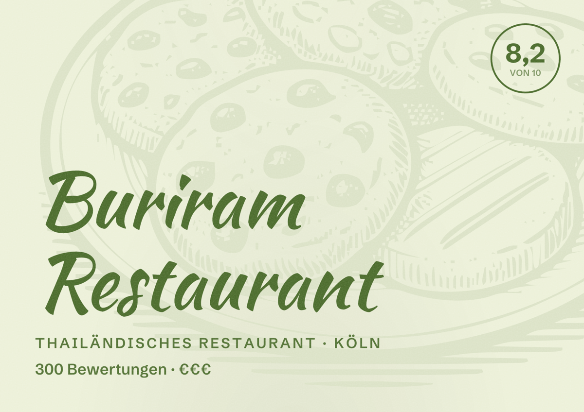 Illustriertes Poster von Buriram Restaurant, Thailändisches Restaurant in Köln: Bewertung 8,2 von 10 aus 300 Bewertungen, Preisniveau €€€
