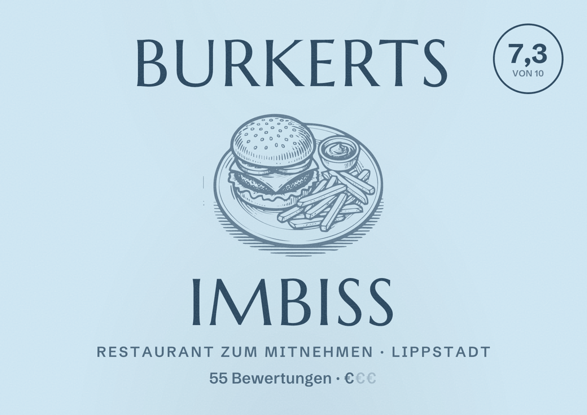 Illustriertes Poster von Burkerts Imbiss, Restaurant zum Mitnehmen in Lippstadt: Bewertung 7,3 von 10 aus 55 Bewertungen, Preisniveau €