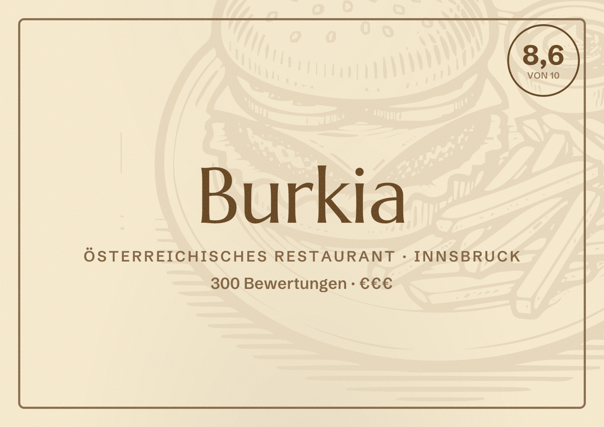 Illustriertes Poster von Burkia, Österreichisches Restaurant in Innsbruck: Bewertung 8,6 von 10 aus 300 Bewertungen, Preisniveau €€€