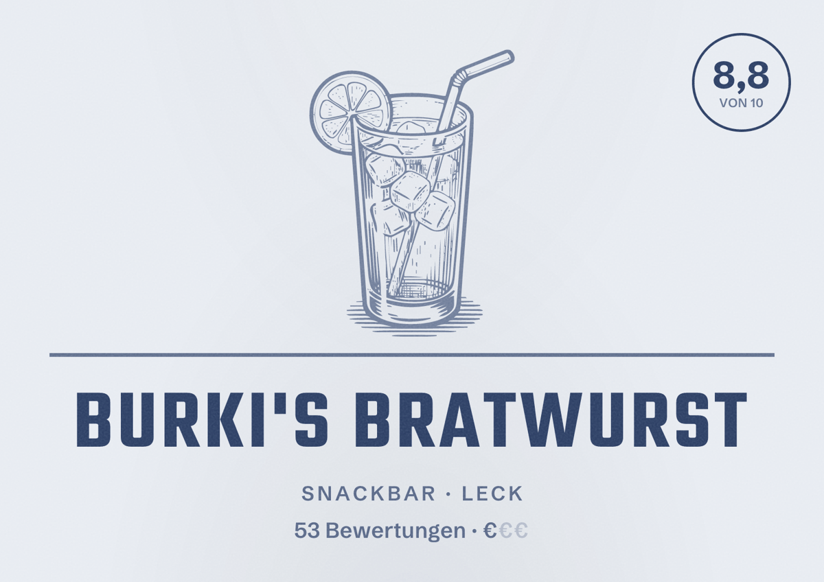 Illustriertes Poster von Burki's Bratwurst, Snackbar in Leck: Bewertung 8,8 von 10 aus 53 Bewertungen, Preisniveau €