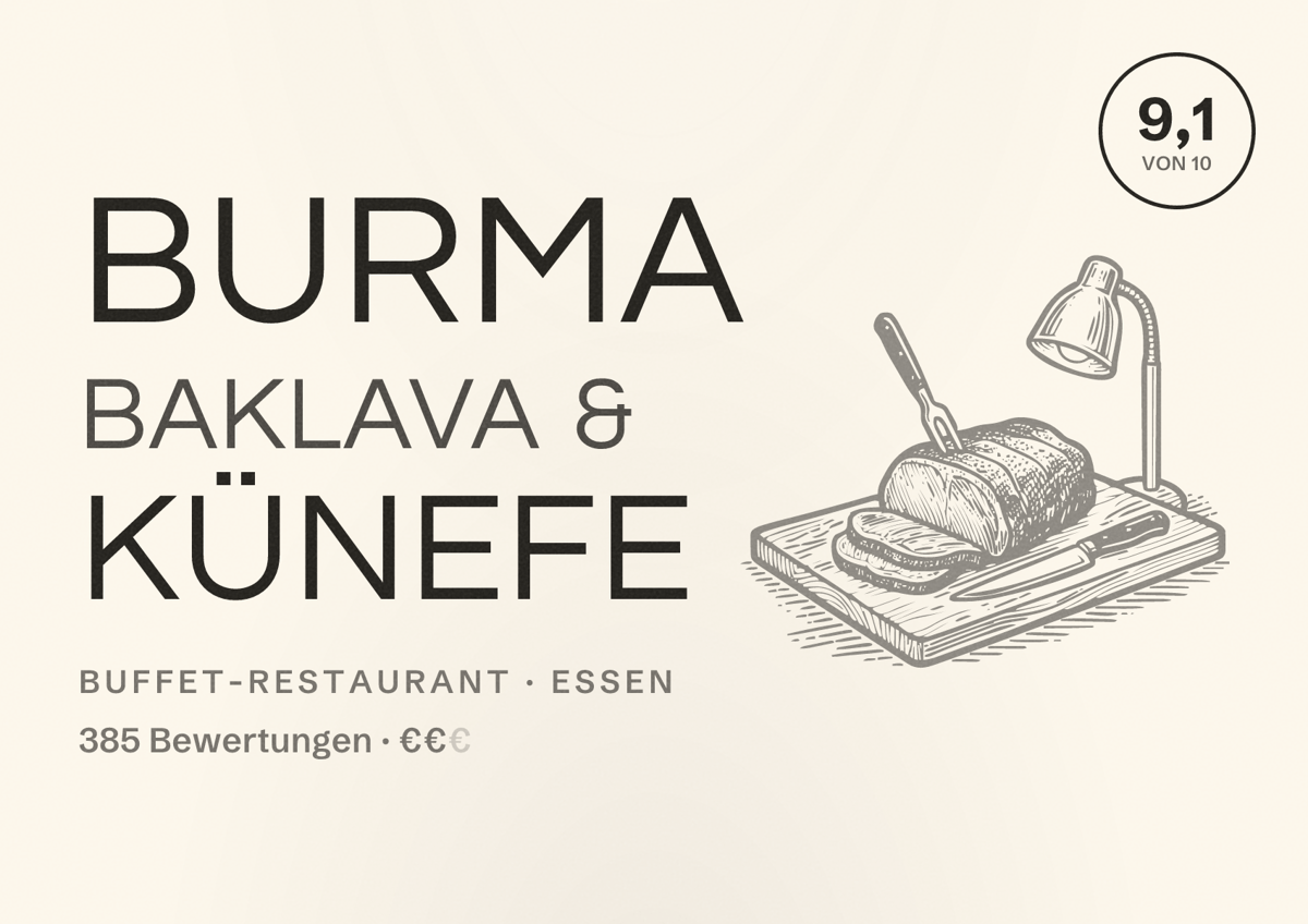 Illustriertes Poster von Burma Baklava & Künefe, Buffet-Restaurant in Essen: Bewertung 9,1 von 10 aus 385 Bewertungen, Preisniveau €€