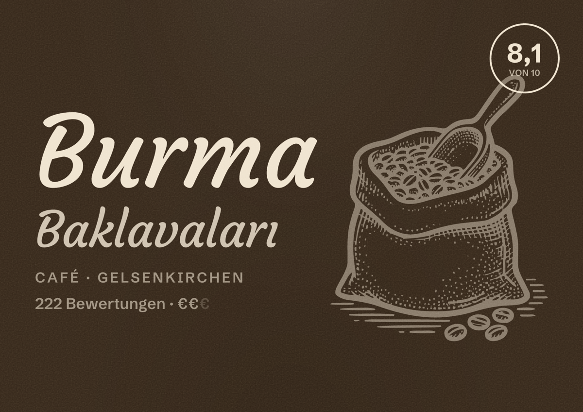 Illustriertes Poster von Burma Baklavaları, Café in Gelsenkirchen: Bewertung 8,1 von 10 aus 222 Bewertungen, Preisniveau €€