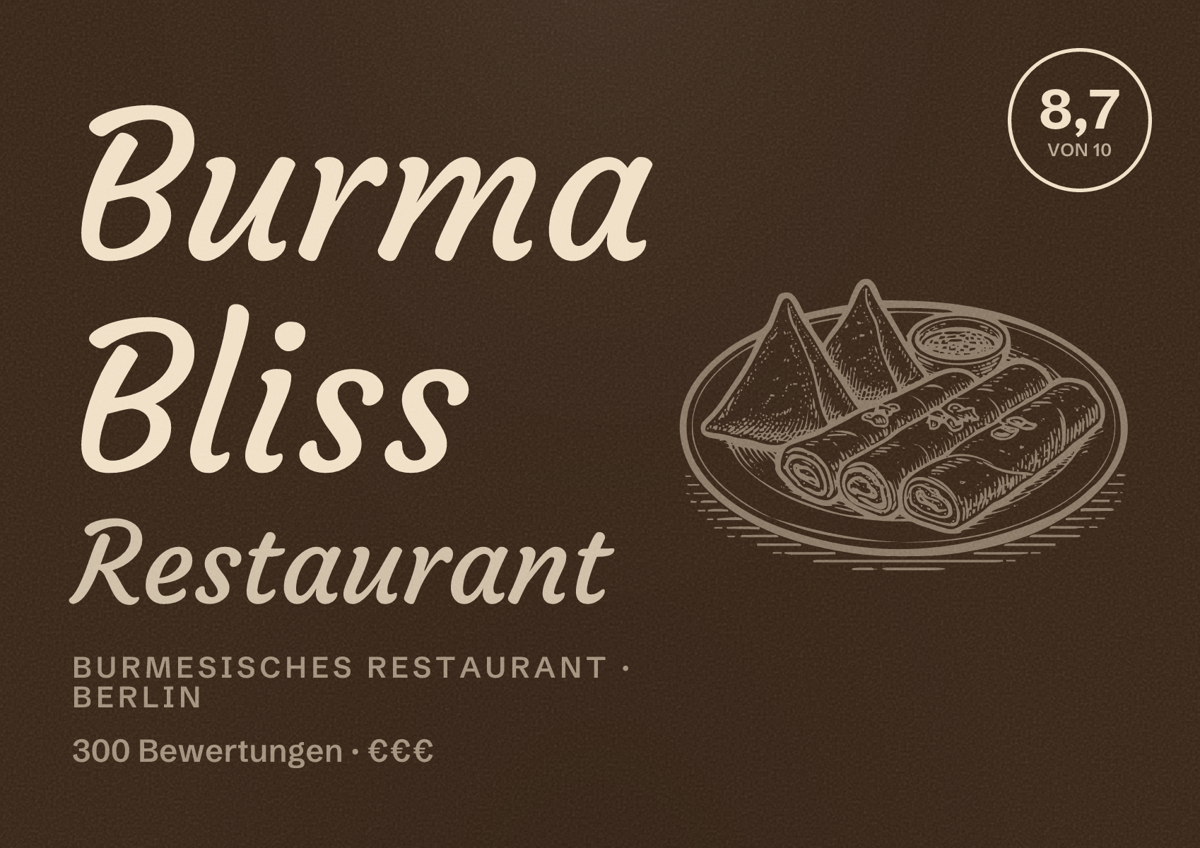Illustriertes Poster von Burma Bliss Restaurant, Burmesisches Restaurant in Berlin: Bewertung 8,7 von 10 aus 300 Bewertungen, Preisniveau €€€