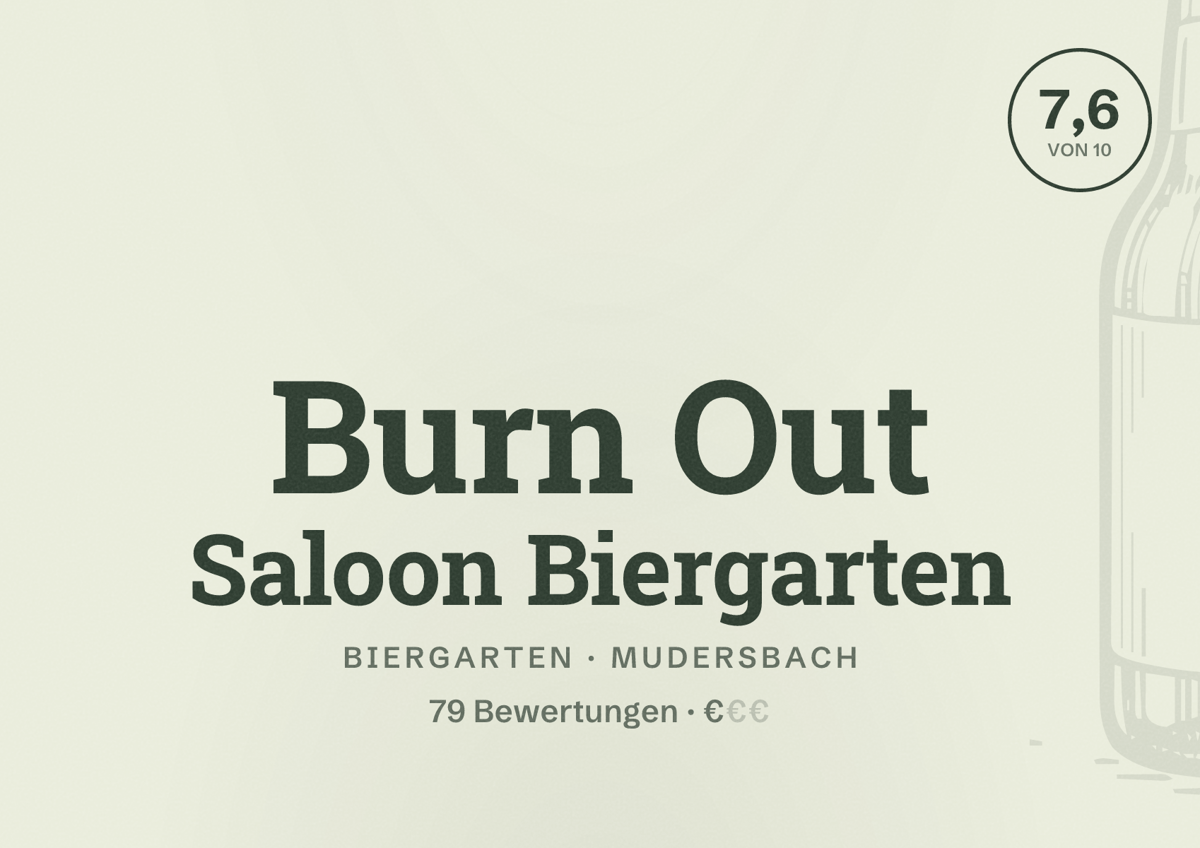 Illustriertes Poster von Burn Out Saloon Biergarten, Biergarten in Mudersbach: Bewertung 7,6 von 10 aus 79 Bewertungen, Preisniveau €