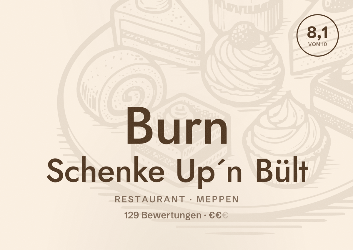 Illustriertes Poster von Burn Schenke Up´n Bült, Restaurant in Meppen: Bewertung 8,1 von 10 aus 129 Bewertungen, Preisniveau €€