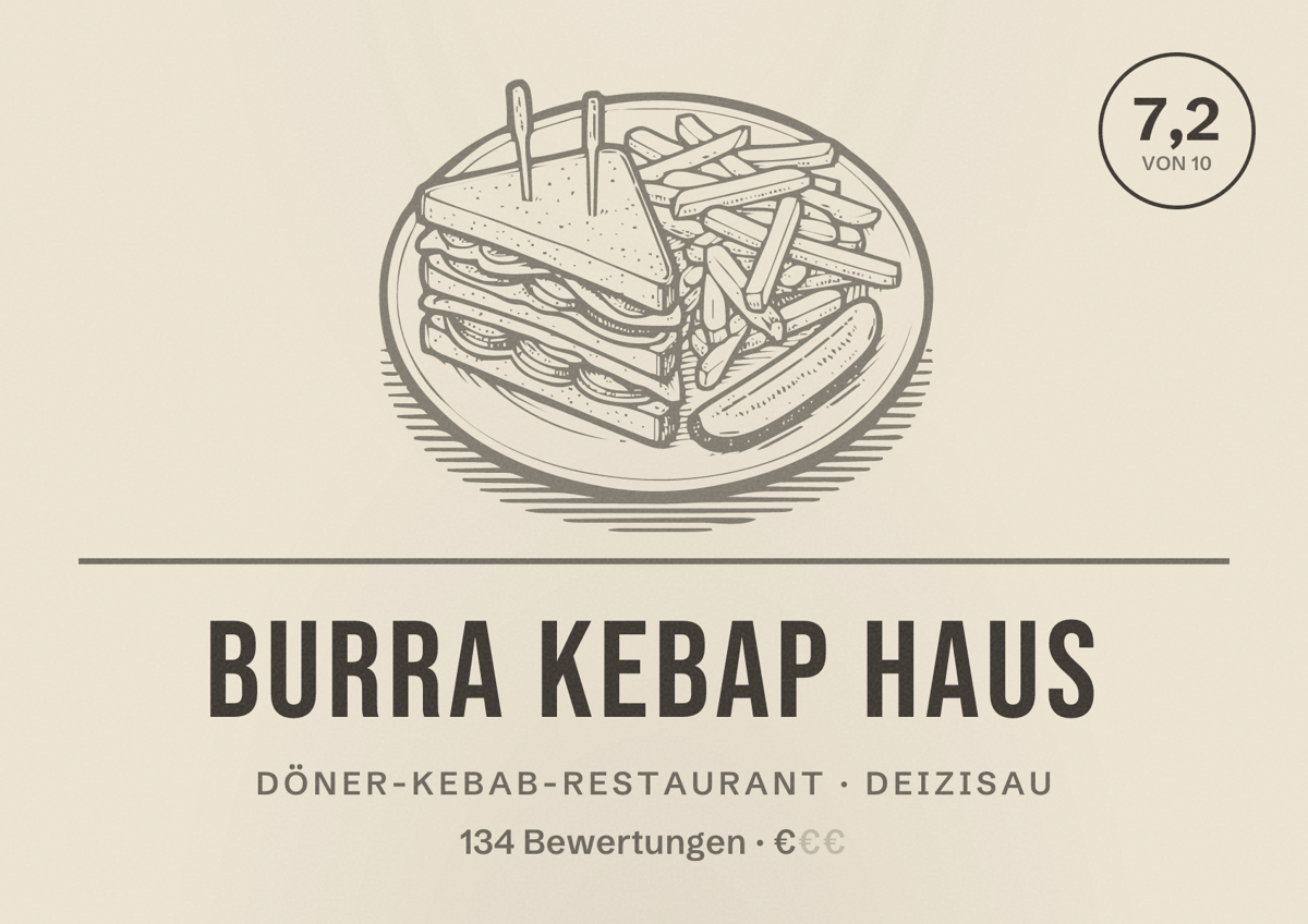Illustriertes Poster von Burra Kebap Haus, Döner-Kebab-Restaurant in Deizisau: Bewertung 7,2 von 10 aus 134 Bewertungen, Preisniveau €