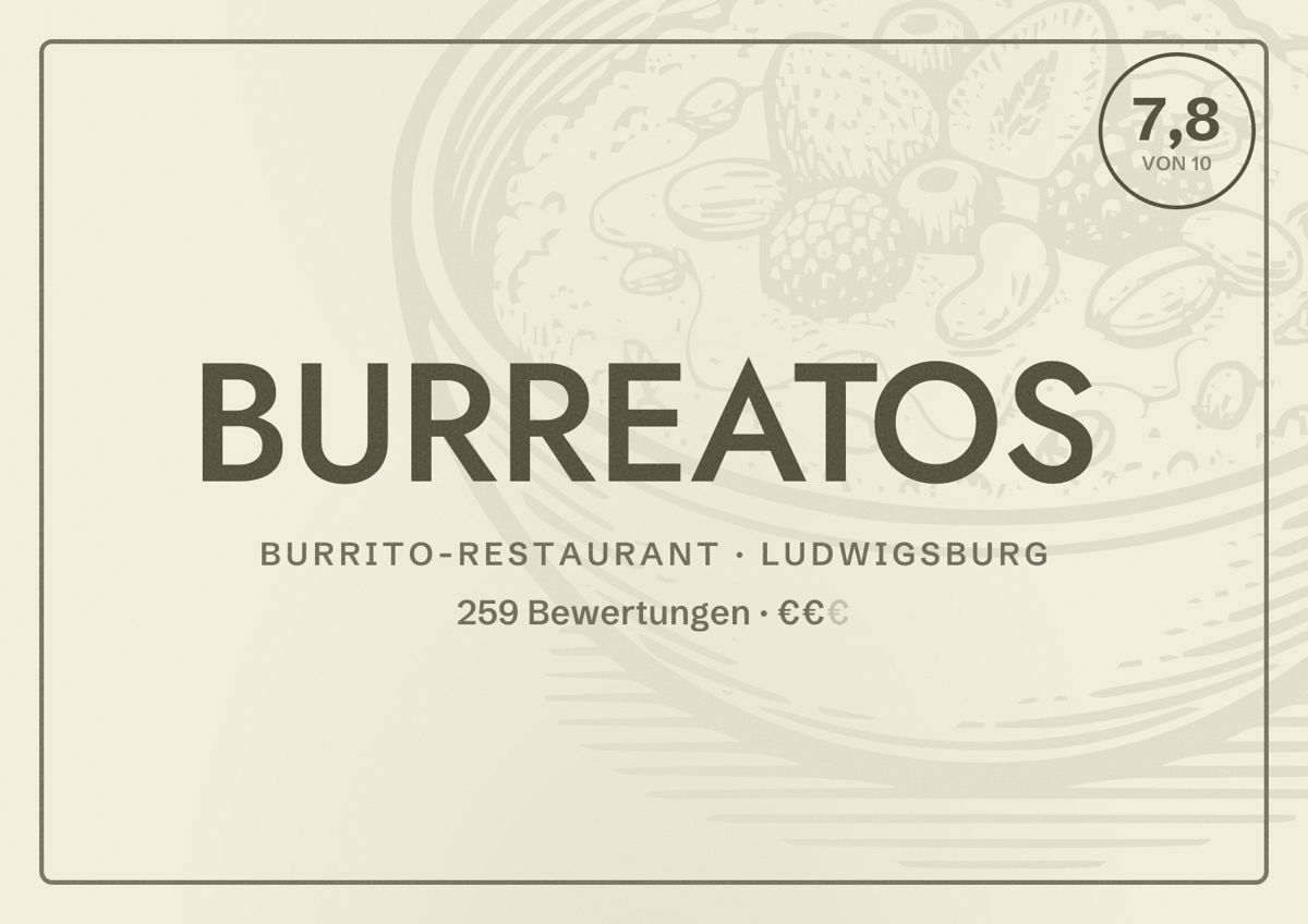 Illustriertes Poster von BURREATOS, Burrito-Restaurant in Ludwigsburg: Bewertung 7,8 von 10 aus 259 Bewertungen, Preisniveau €€