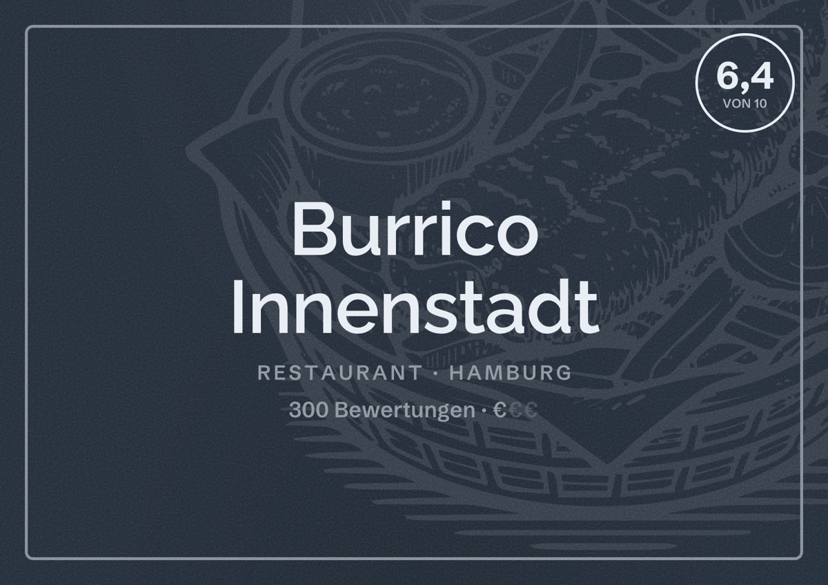 Illustriertes Poster von Burrico Innenstadt, Restaurant in Hamburg: Bewertung 6,4 von 10 aus 300 Bewertungen, Preisniveau €