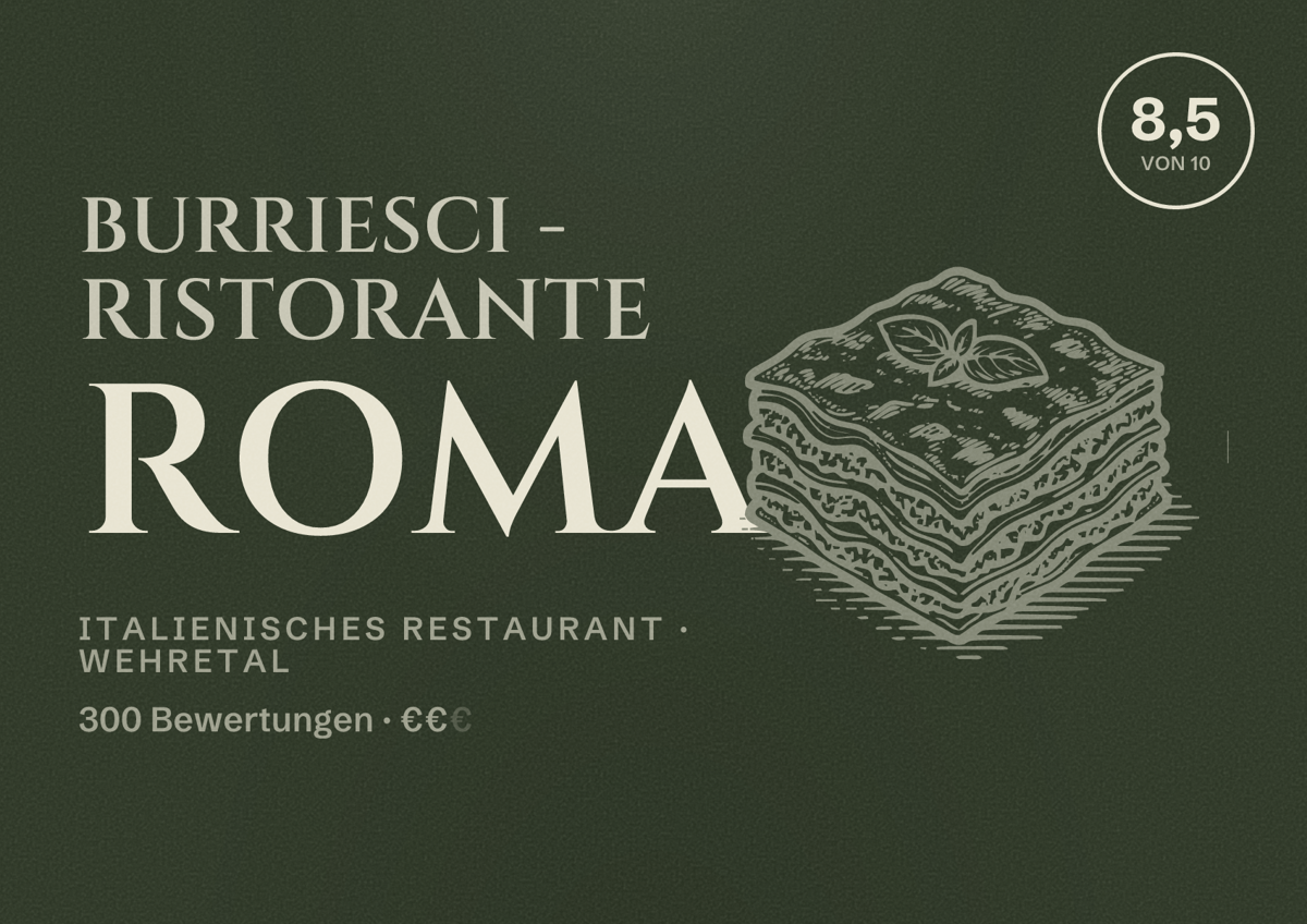Illustriertes Poster von Burriesci - Ristorante Roma, Italienisches Restaurant in Wehretal: Bewertung 8,5 von 10 aus 300 Bewertungen, Preisniveau €€