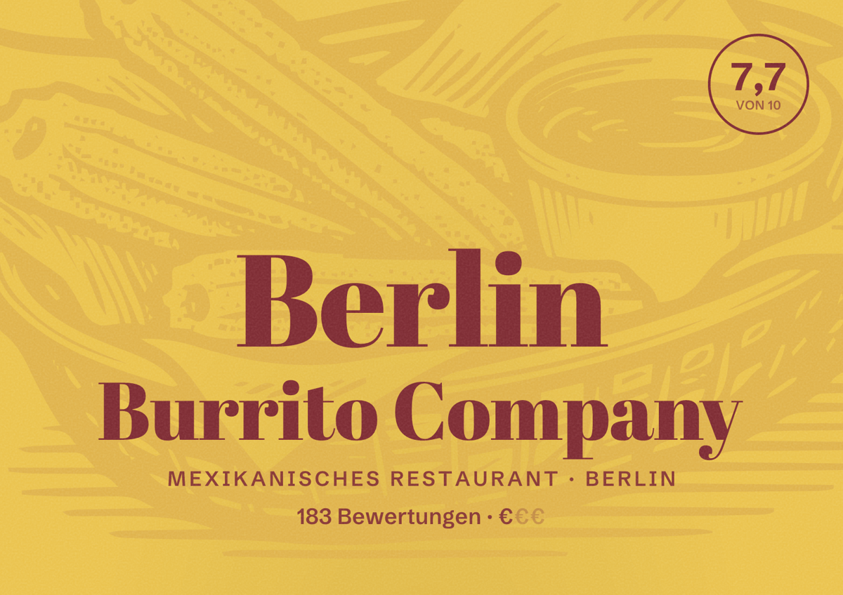Illustriertes Poster von Berlin Burrito Company, Mexikanisches Restaurant in Berlin: Bewertung 7,7 von 10 aus 183 Bewertungen, Preisniveau €