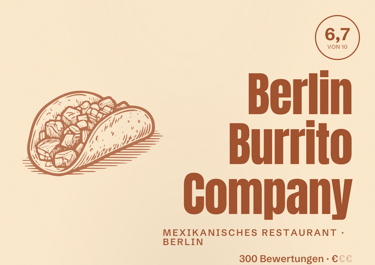 Illustriertes Poster von Berlin Burrito Company, Mexikanisches Restaurant in Berlin: Bewertung 6,7 von 10 aus 300 Bewertungen, Preisniveau €