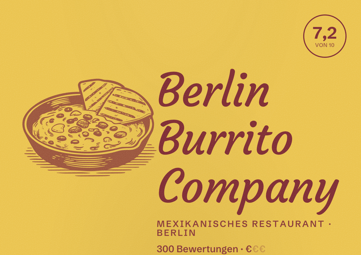 Illustriertes Poster von Berlin Burrito Company, Mexikanisches Restaurant in Berlin: Bewertung 7,2 von 10 aus 300 Bewertungen, Preisniveau €