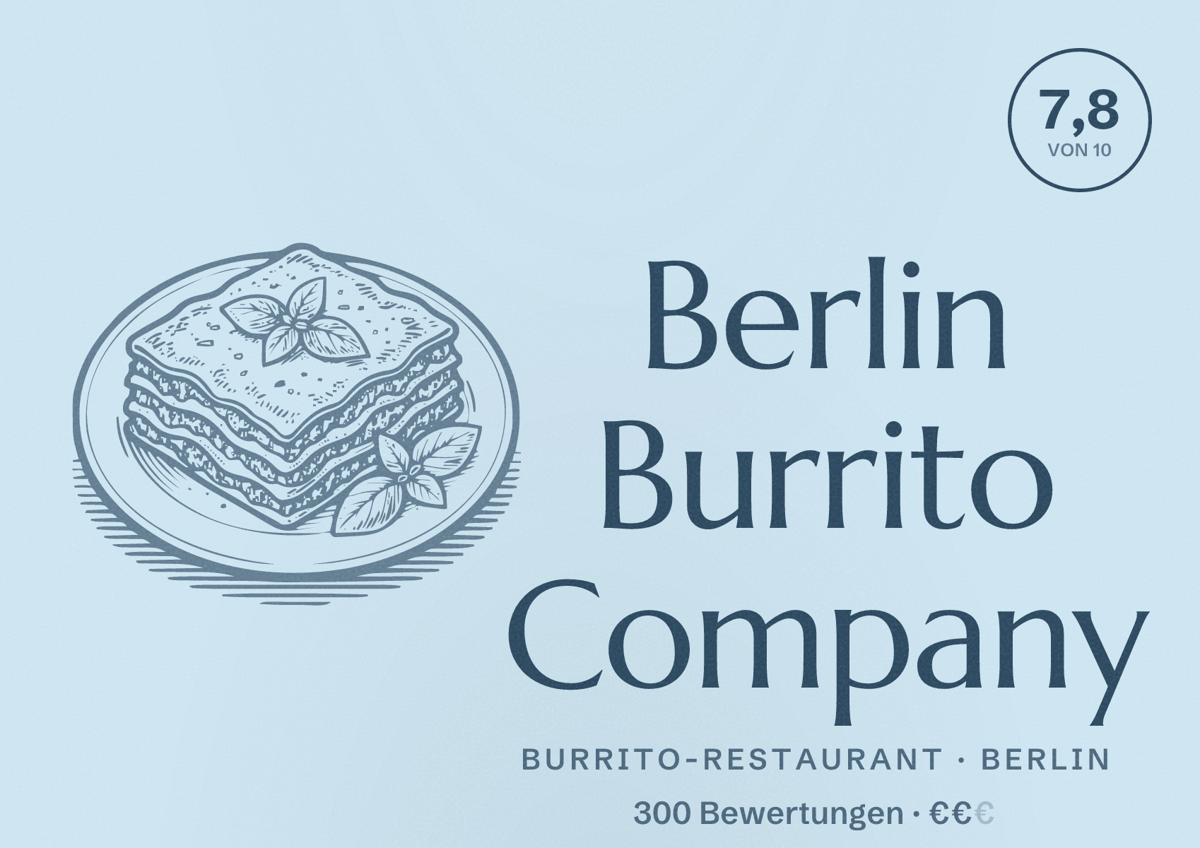 Illustriertes Poster von Berlin Burrito Company, Burrito-Restaurant in Berlin: Bewertung 7,8 von 10 aus 300 Bewertungen, Preisniveau €€
