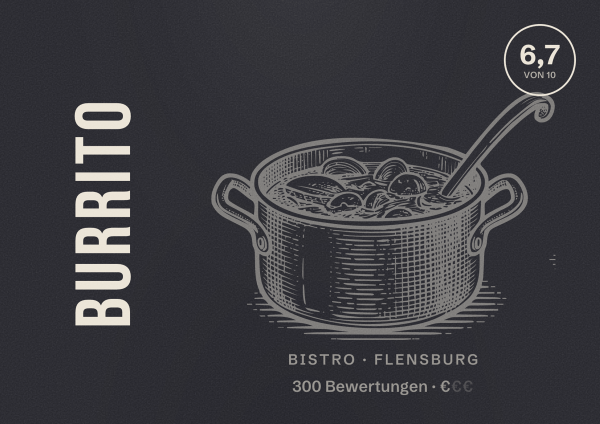 Illustriertes Poster von Burrito, Bistro in Flensburg: Bewertung 6,7 von 10 aus 300 Bewertungen, Preisniveau €