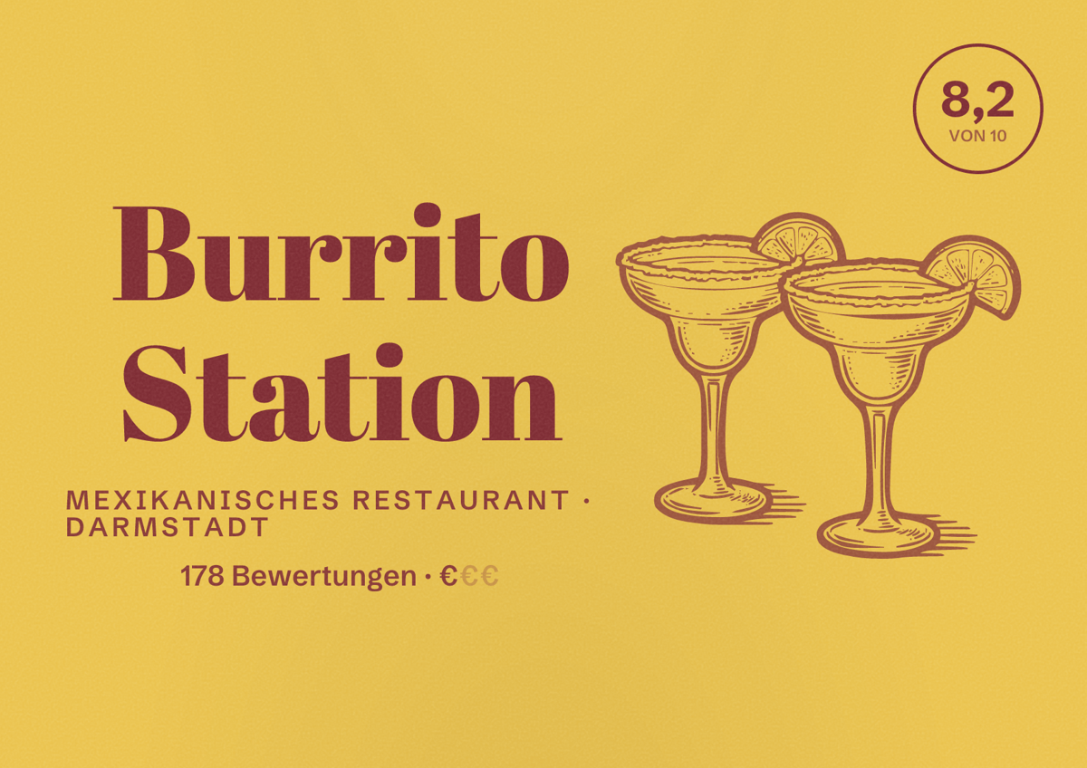 Illustriertes Poster von Burrito Station, Mexikanisches Restaurant in Darmstadt: Bewertung 8,1 von 10 aus 178 Bewertungen, Preisniveau €
