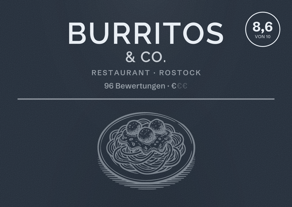 Illustriertes Poster von Burritos & Co., Restaurant in Rostock: Bewertung 8,6 von 10 aus 96 Bewertungen, Preisniveau €