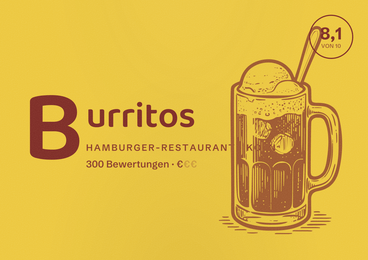 Illustriertes Poster von Burritos, Hamburger-Restaurant in Köln: Bewertung 8,1 von 10 aus 300 Bewertungen, Preisniveau €