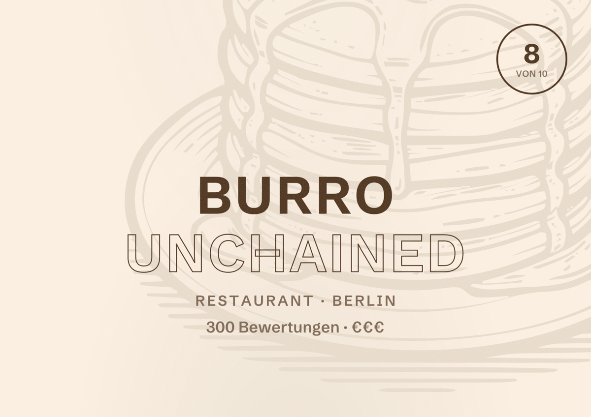Illustriertes Poster von BURRO UNCHAINED, Restaurant in Berlin: Bewertung 8,0 von 10 aus 300 Bewertungen, Preisniveau €€€