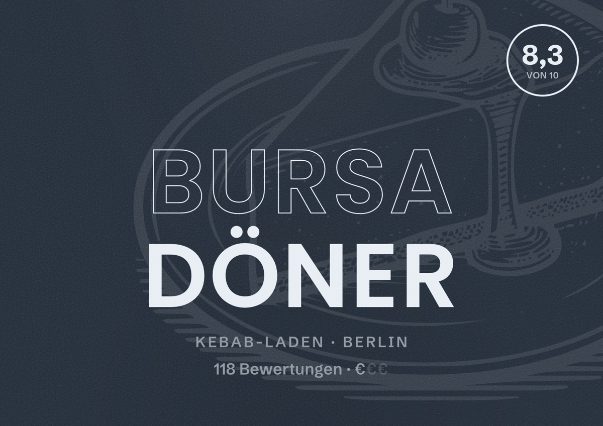 Illustriertes Poster von Bursa Döner, Kebab-Laden in Berlin: Bewertung 8,3 von 10 aus 118 Bewertungen, Preisniveau €