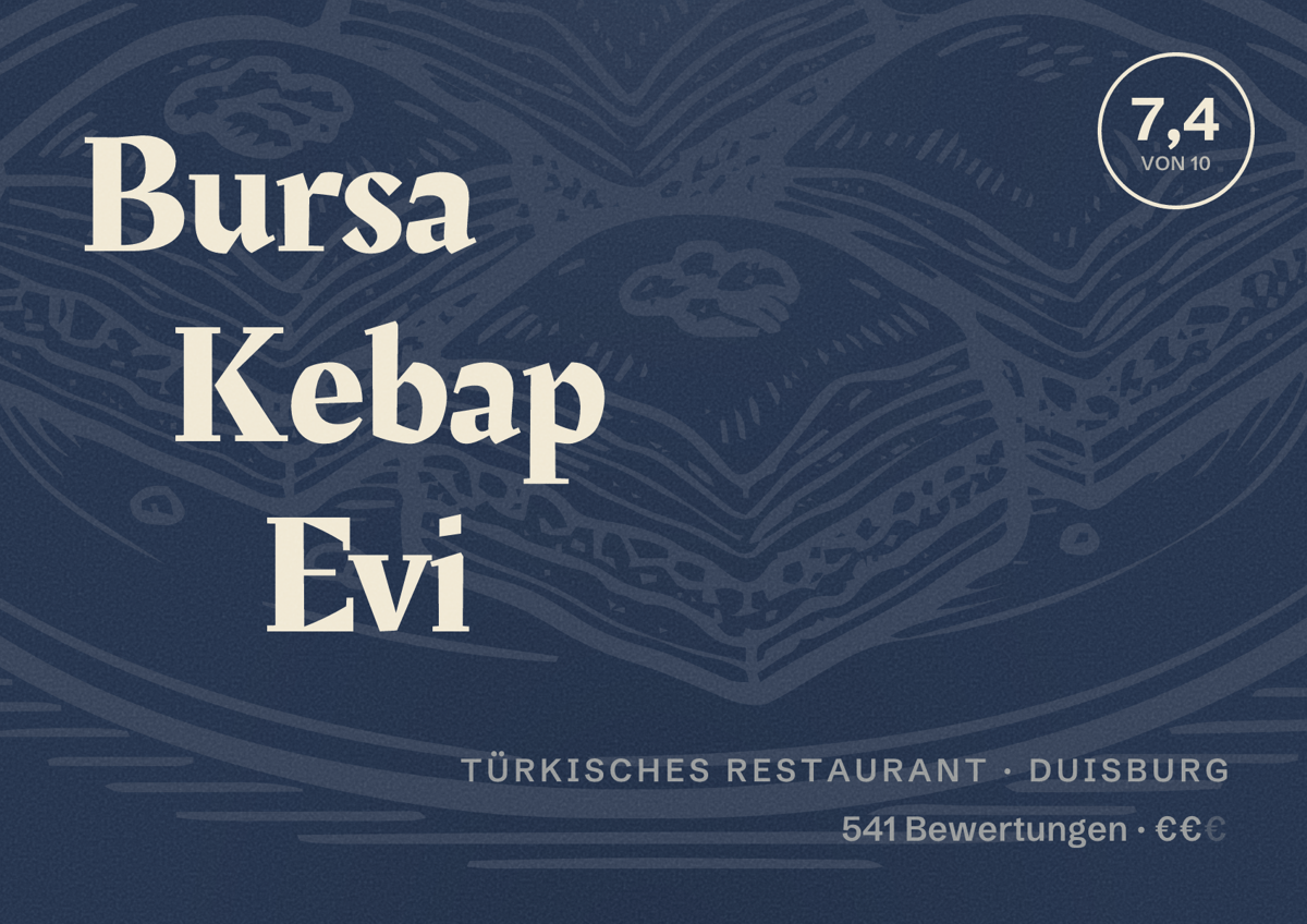 Illustriertes Poster von Bursa Kebap Evi, Türkisches Restaurant in Duisburg: Bewertung 7,4 von 10 aus 541 Bewertungen, Preisniveau €€