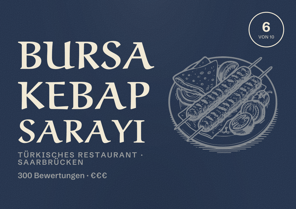 Illustriertes Poster von Bursa Kebap Sarayı, Türkisches Restaurant in Saarbrücken: Bewertung 6,0 von 10 aus 300 Bewertungen, Preisniveau €€€