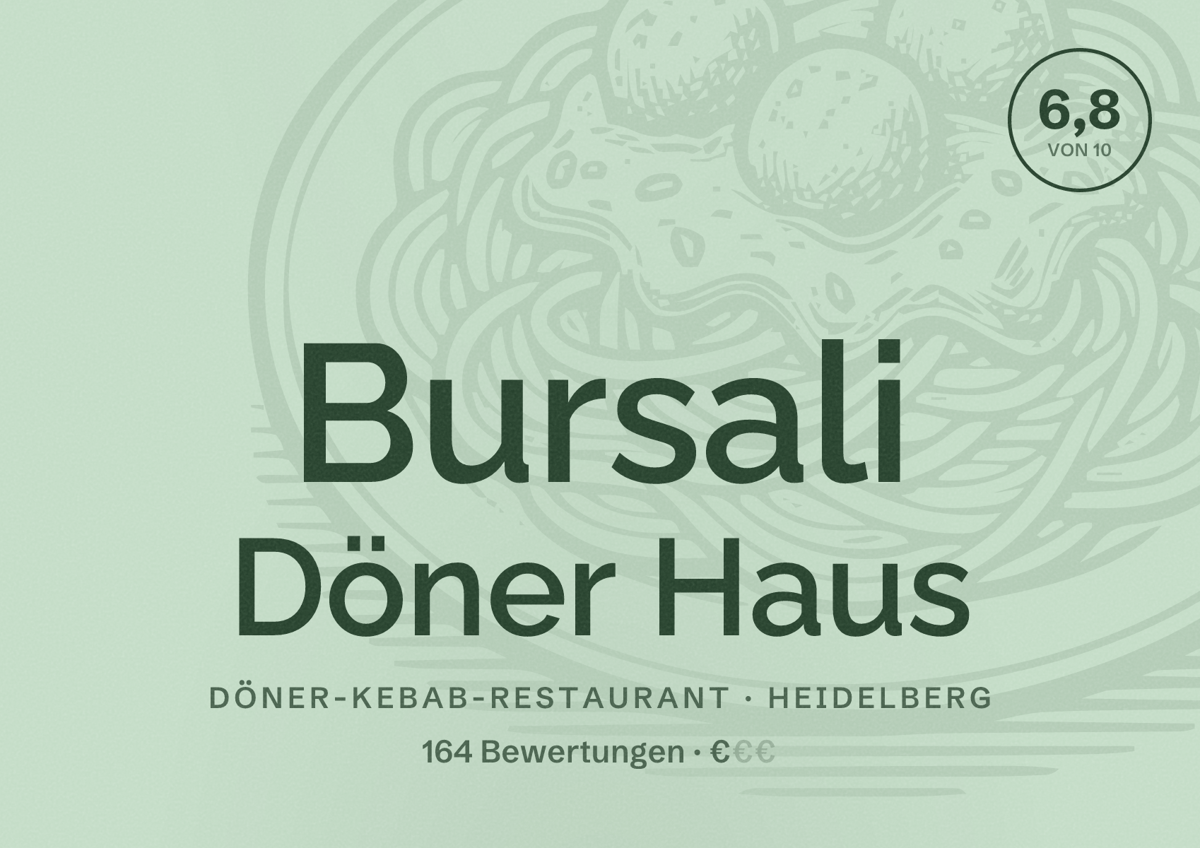 Illustriertes Poster von Bursali Döner Haus, Döner-Kebab-Restaurant in Heidelberg: Bewertung 6,8 von 10 aus 164 Bewertungen, Preisniveau €