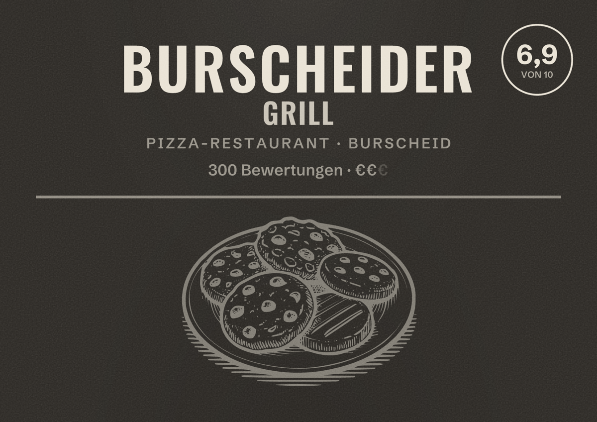 Illustriertes Poster von Burscheider Grill, Pizza-Restaurant in Burscheid: Bewertung 6,9 von 10 aus 300 Bewertungen, Preisniveau €€