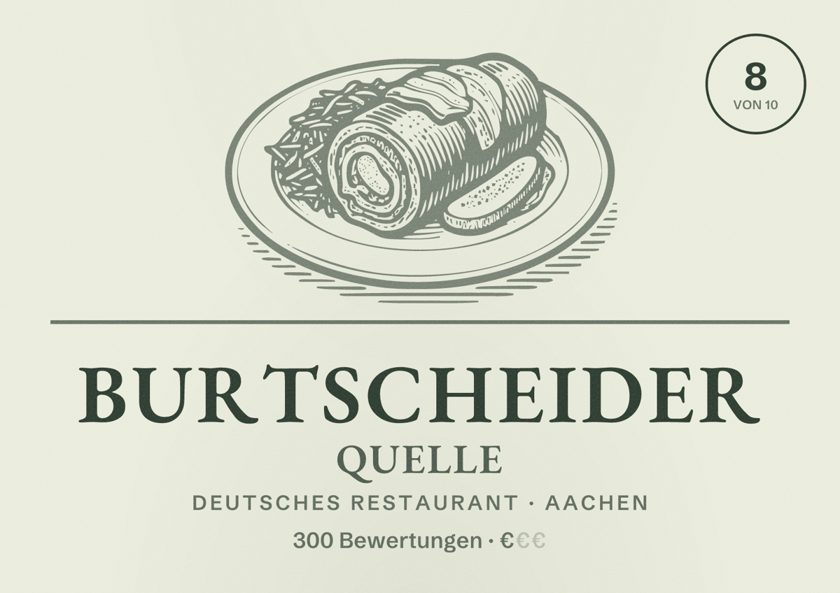 Illustriertes Poster von Burtscheider Quelle, Deutsches Restaurant in Aachen: Bewertung 8,0 von 10 aus 300 Bewertungen, Preisniveau €