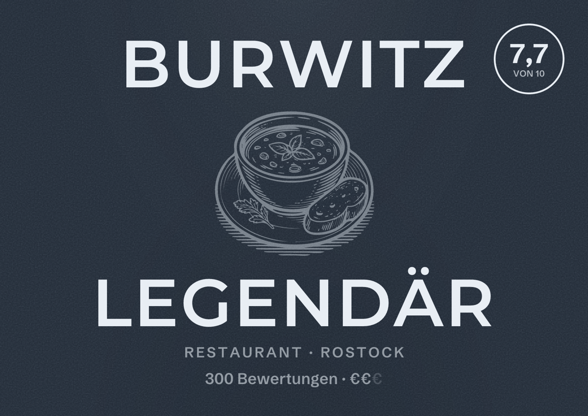 Illustriertes Poster von Burwitz Legendär, Restaurant in Rostock: Bewertung 7,7 von 10 aus 300 Bewertungen, Preisniveau €€