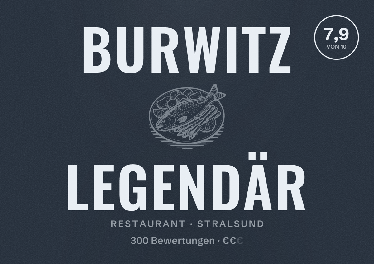 Illustriertes Poster von Burwitz Legendär, Restaurant in Stralsund: Bewertung 7,9 von 10 aus 300 Bewertungen, Preisniveau €€
