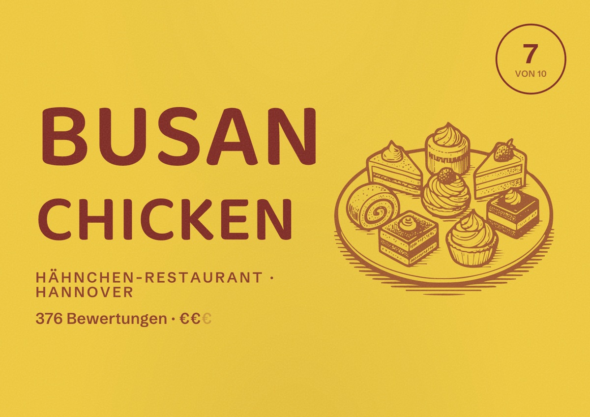 Illustriertes Poster von Busan Chicken, Hähnchen-Restaurant in Hannover: Bewertung 7 von 10 aus 376 Bewertungen, Preisniveau €€