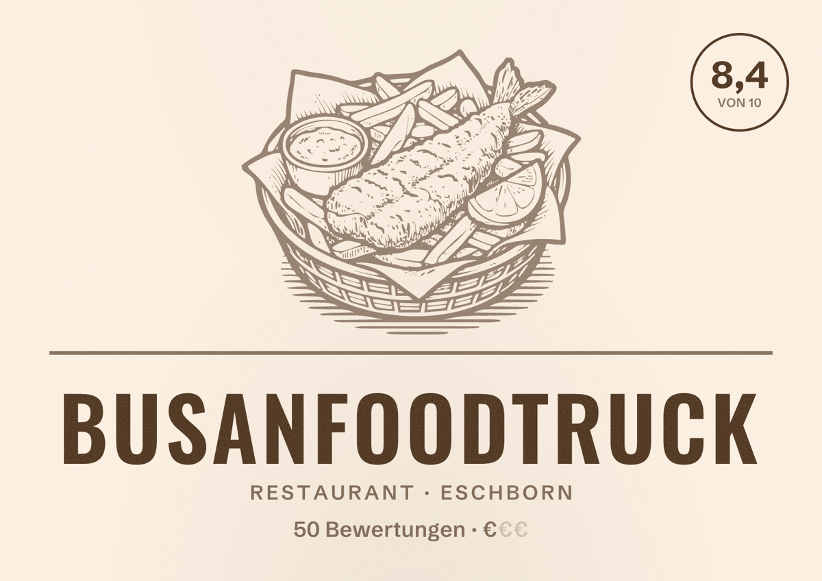 Illustriertes Poster von Busanfoodtruck, Restaurant in Eschborn: Bewertung 8,4 von 10 aus 50 Bewertungen, Preisniveau €