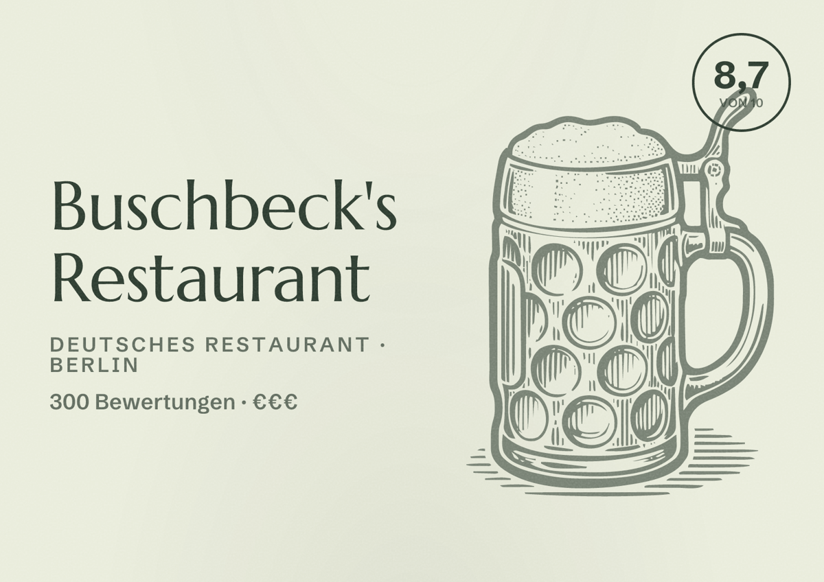 Illustriertes Poster von Buschbeck's Restaurant, Deutsches Restaurant in Berlin: Bewertung 8,7 von 10 aus 300 Bewertungen, Preisniveau €€€