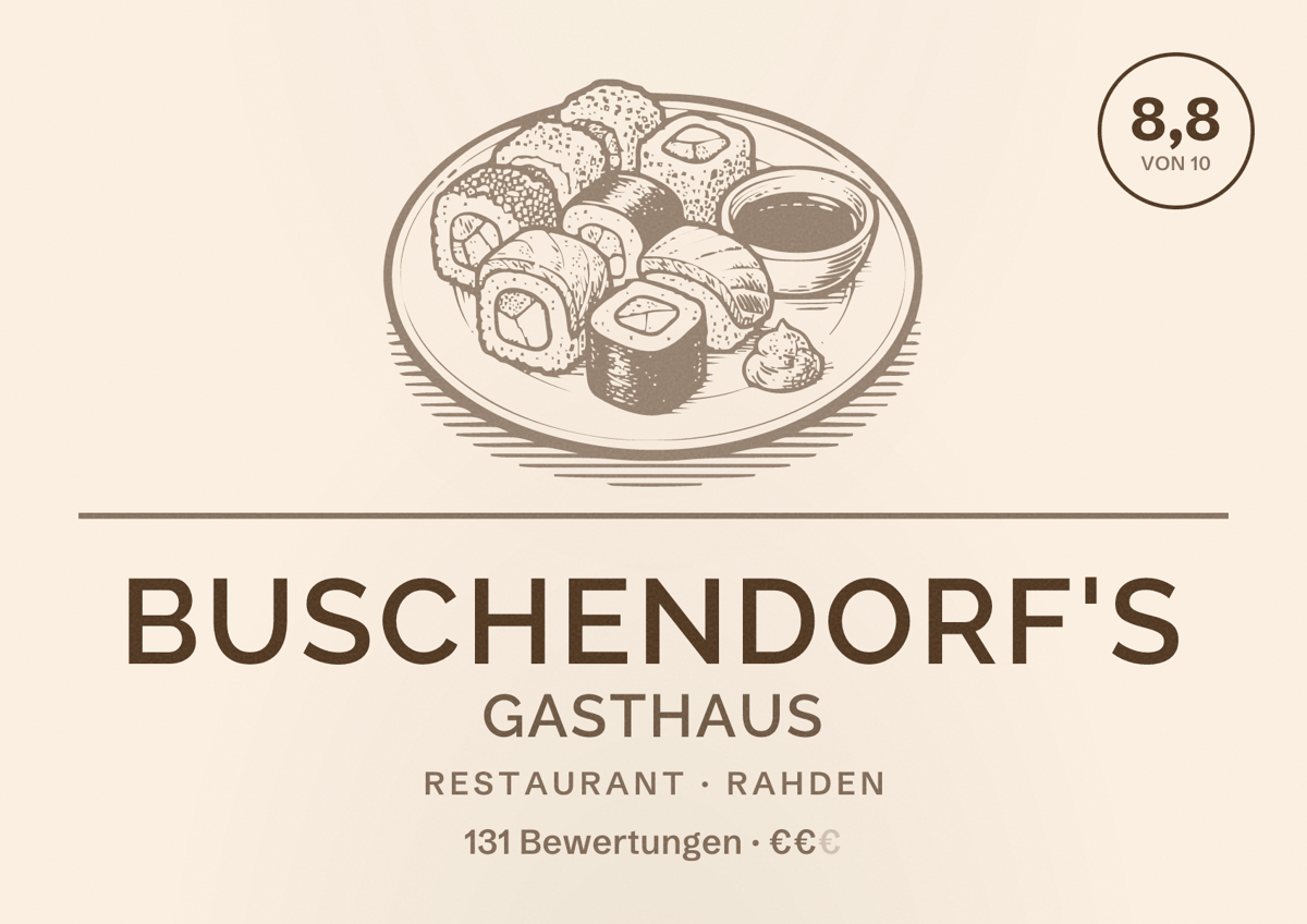 Illustriertes Poster von Buschendorf's Gasthaus, Restaurant in Rahden: Bewertung 8,8 von 10 aus 131 Bewertungen, Preisniveau €€