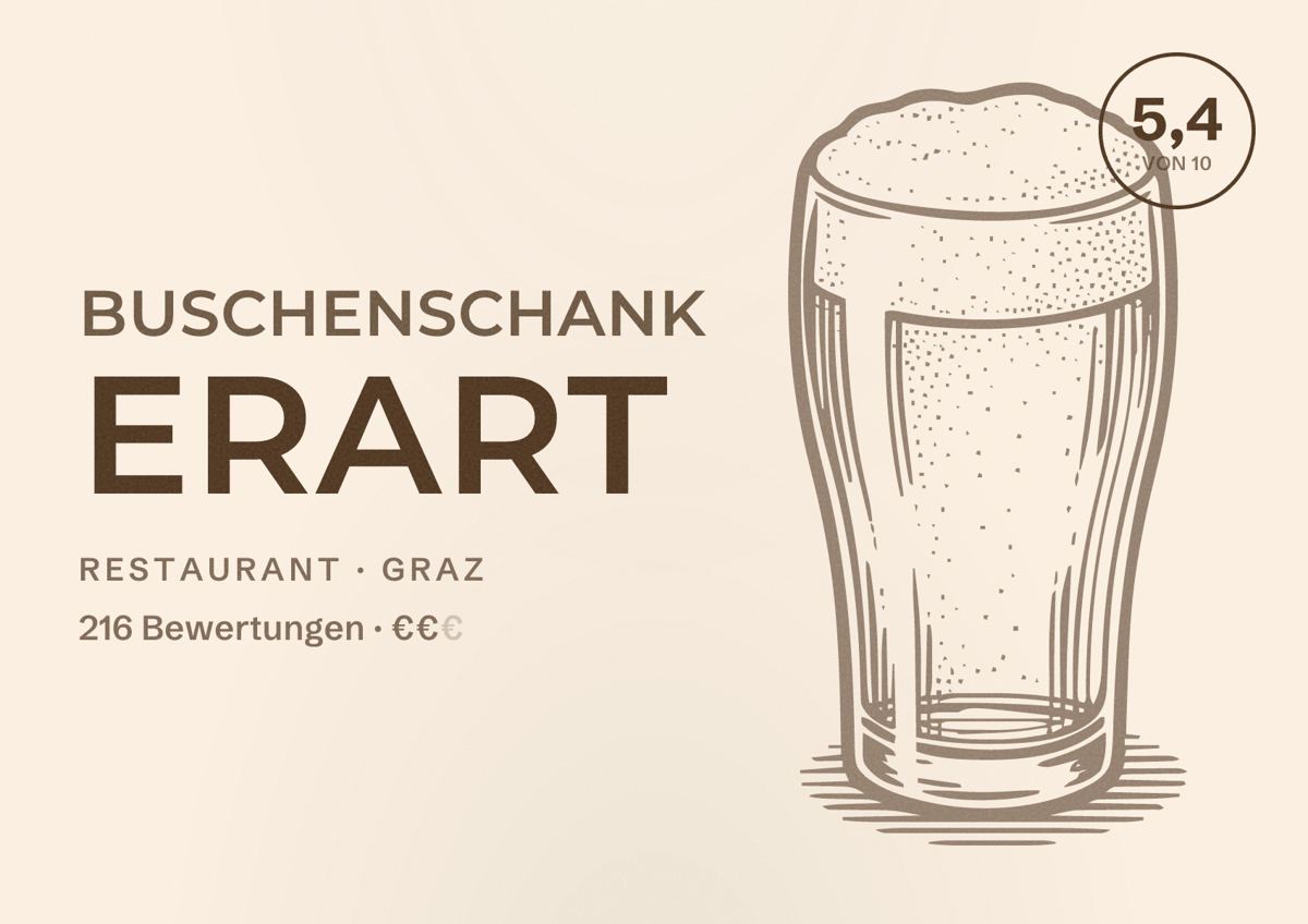 Illustriertes Poster von Buschenschank Erart, Restaurant in Graz: Bewertung 5,4 von 10 aus 216 Bewertungen, Preisniveau €€