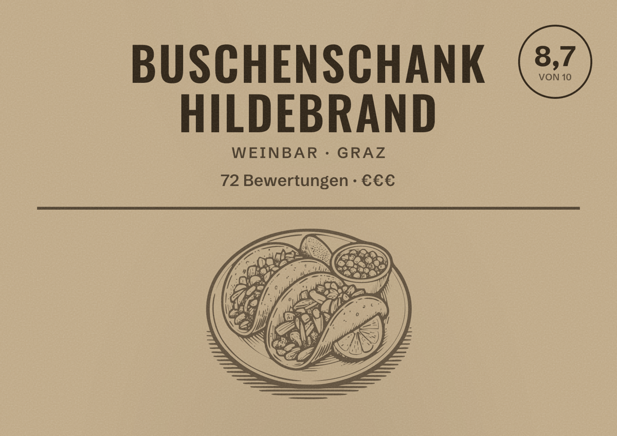Illustriertes Poster von Buschenschank Hildebrand, Weinbar in Graz: Bewertung 8,7 von 10 aus 72 Bewertungen, Preisniveau €€€