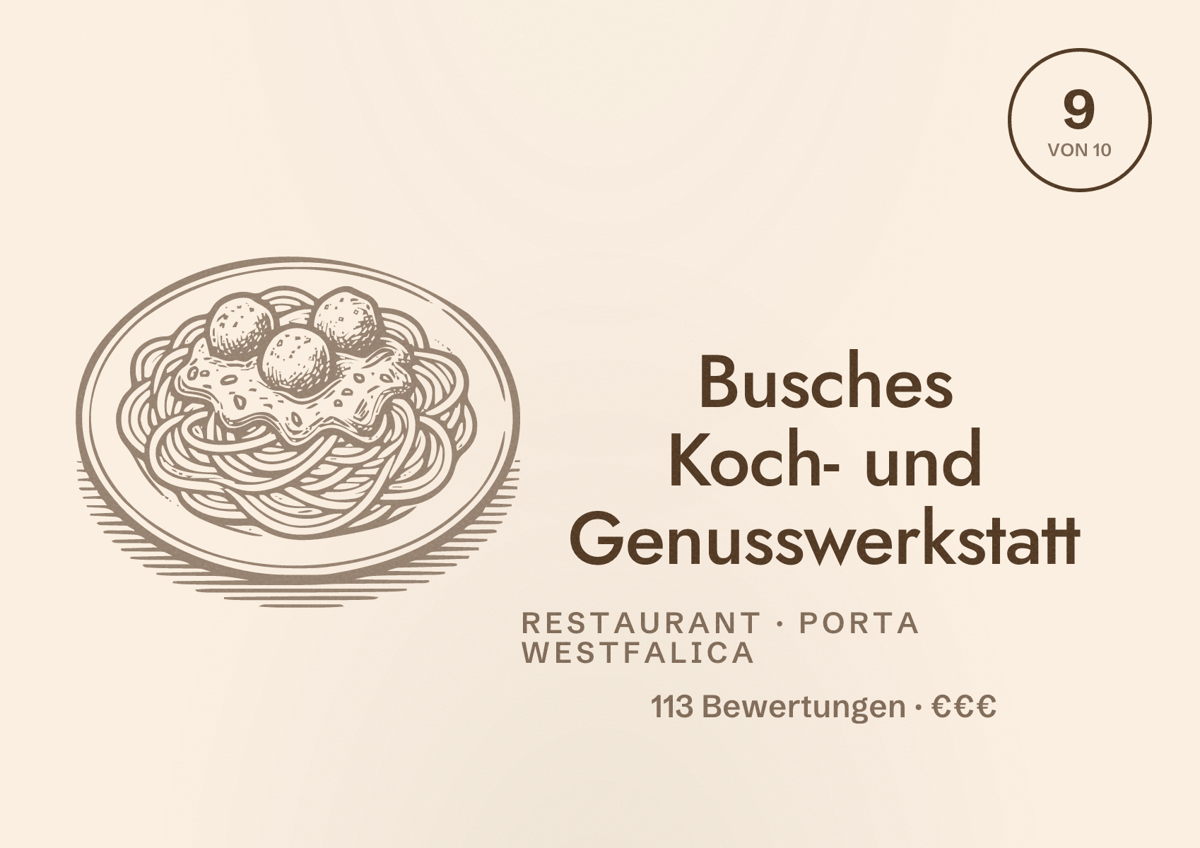 Illustriertes Poster von Busches Koch- und Genusswerkstatt, Restaurant in Porta Westfalica: Bewertung 9 von 10 aus 113 Bewertungen, Preisniveau €€€