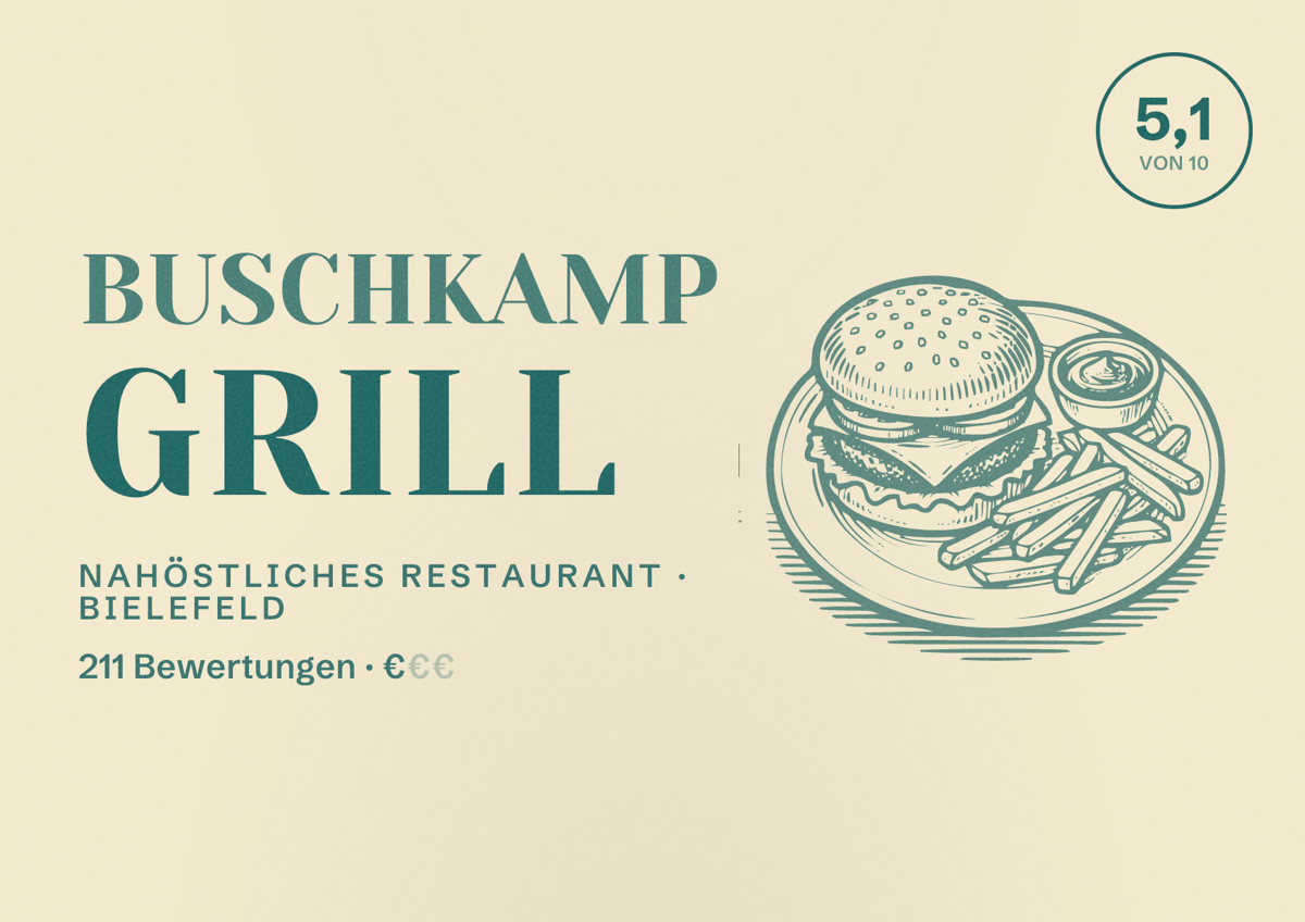 Illustriertes Poster von Buschkamp Grill, Nahöstliches Restaurant in Bielefeld: Bewertung 5,1 von 10 aus 211 Bewertungen, Preisniveau €