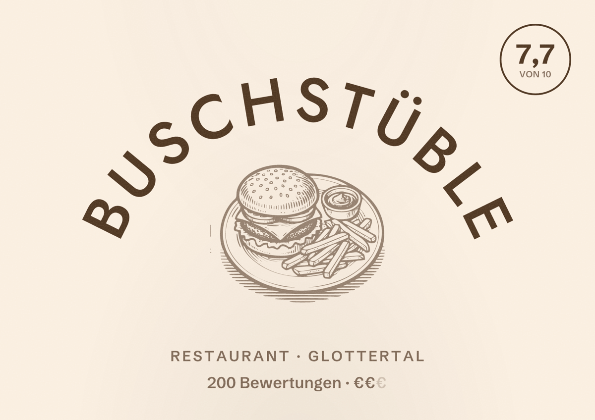 Illustriertes Poster von Buschstüble, Restaurant in Glottertal: Bewertung 7,7 von 10 aus 200 Bewertungen, Preisniveau €€
