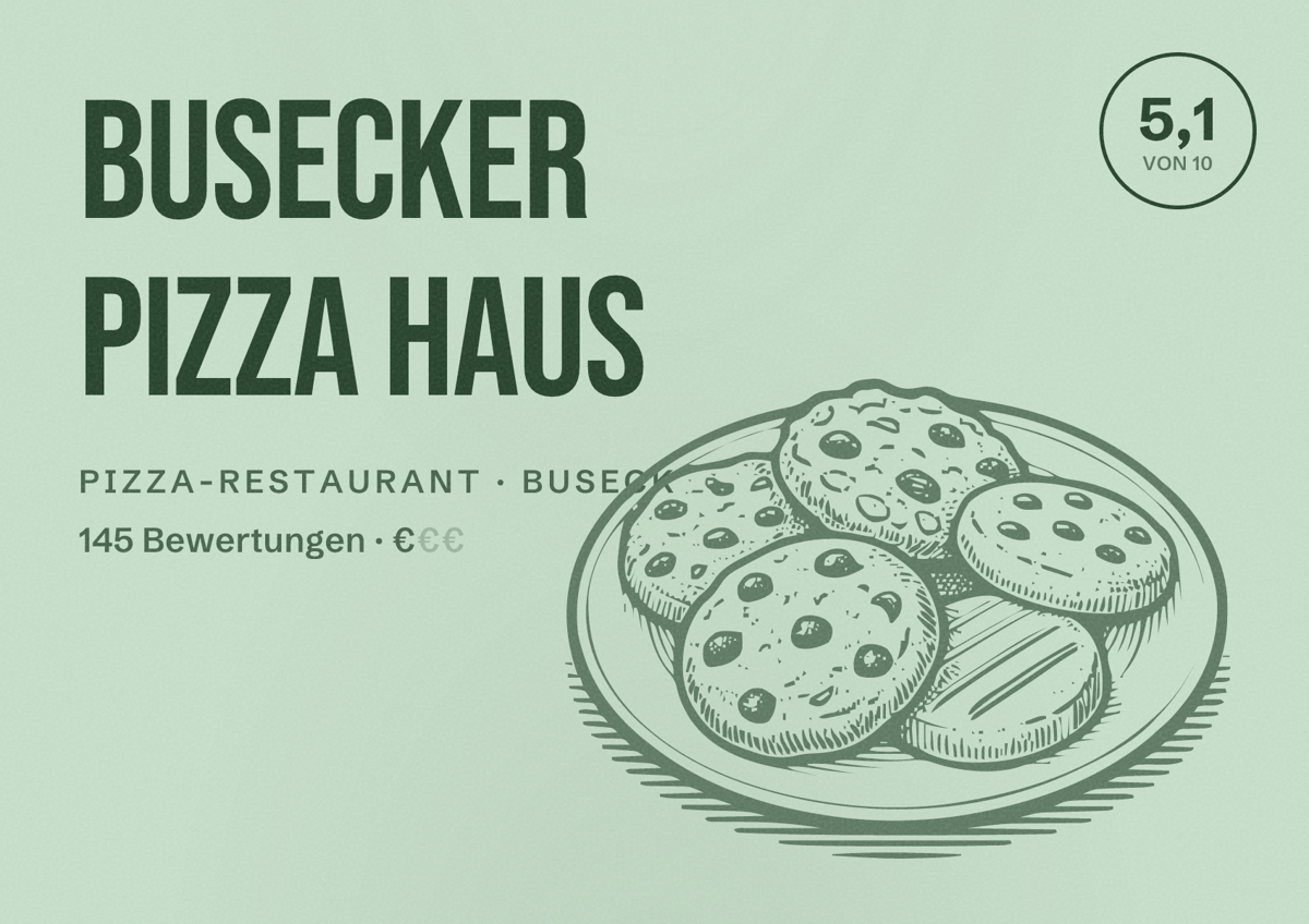 Illustriertes Poster von Busecker Pizza Haus, Pizza-Restaurant in Buseck: Bewertung 5,1 von 10 aus 145 Bewertungen, Preisniveau €