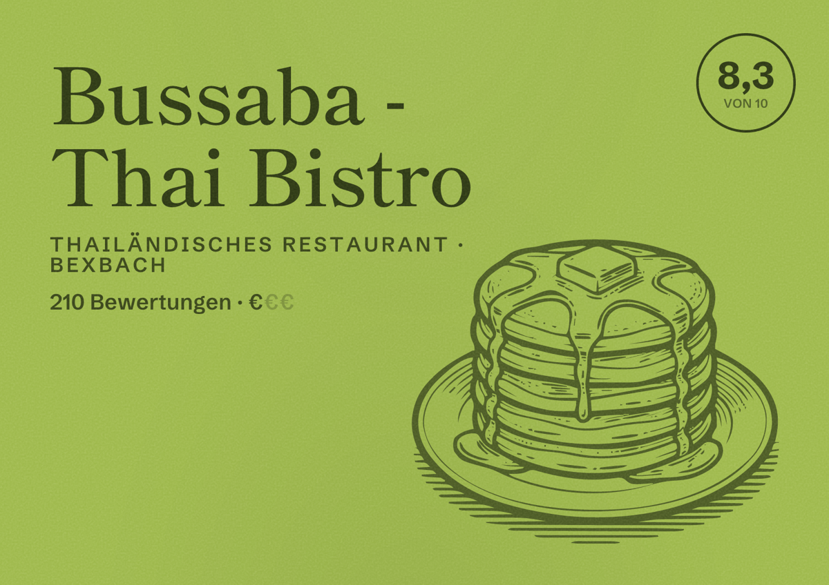 Illustriertes Poster von Bussaba - Thai Bistro, Thailändisches Restaurant in Bexbach: Bewertung 8,3 von 10 aus 210 Bewertungen, Preisniveau €