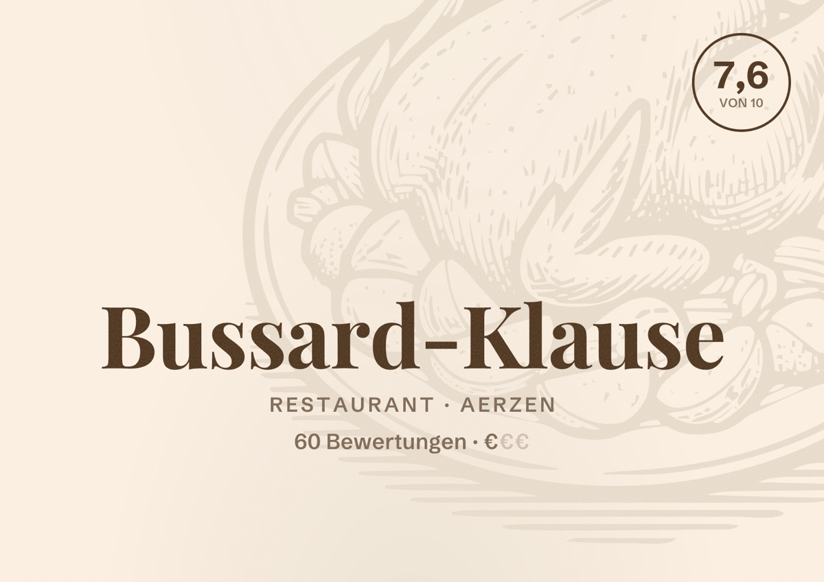 Illustriertes Poster von Bussard-Klause, Restaurant in Aerzen: Bewertung 7,6 von 10 aus 60 Bewertungen, Preisniveau €