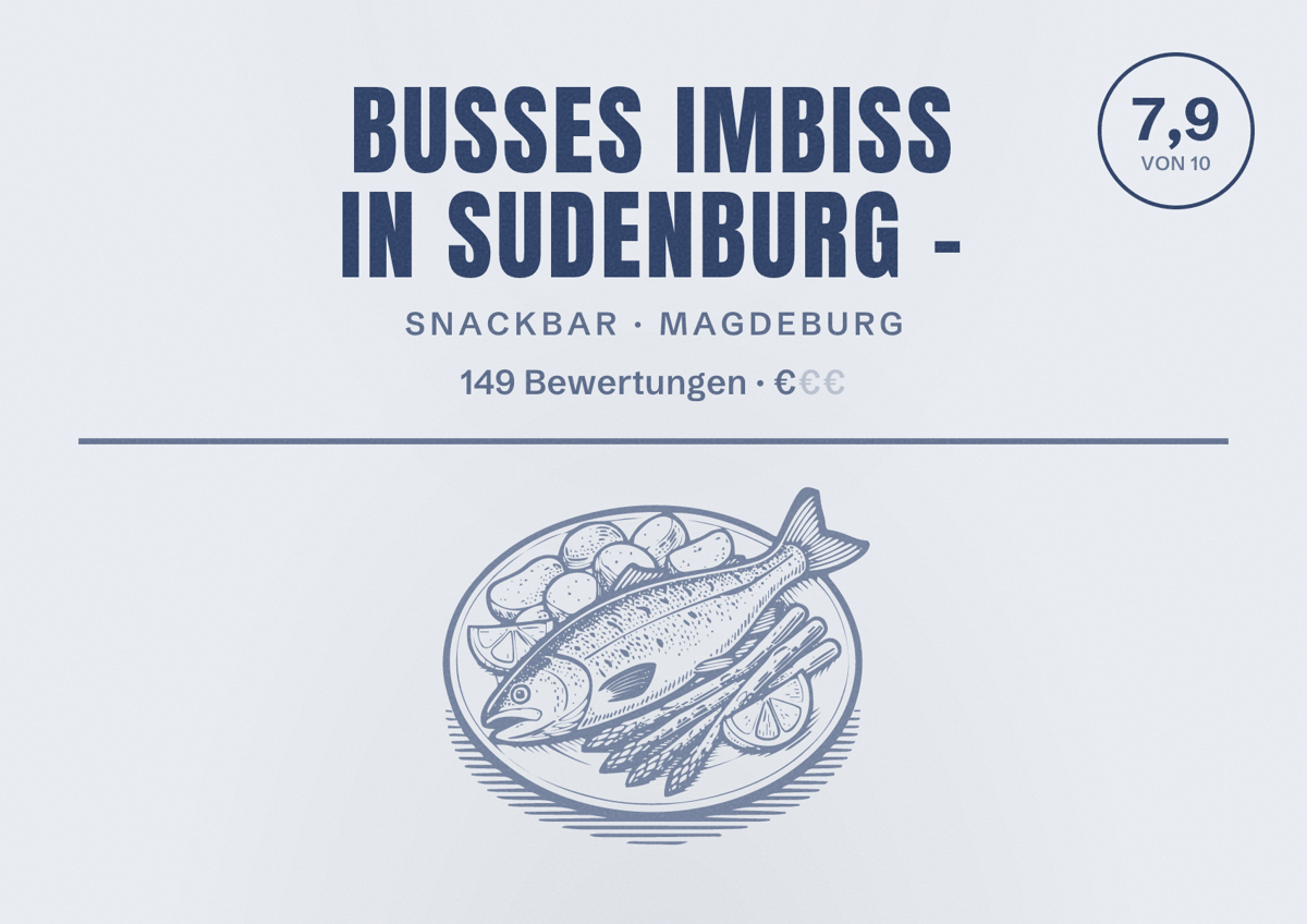 Illustriertes Poster von Busses Imbiss in Sudenburg -, Snackbar in Magdeburg: Bewertung 7,9 von 10 aus 149 Bewertungen, Preisniveau €