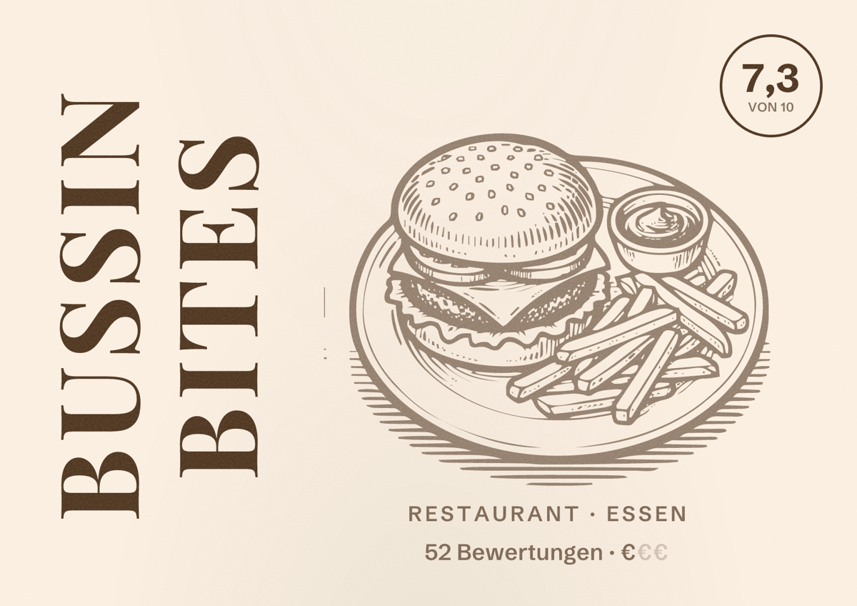 Illustriertes Poster von Bussin Bites, Restaurant in Essen: Bewertung 7,3 von 10 aus 52 Bewertungen, Preisniveau €