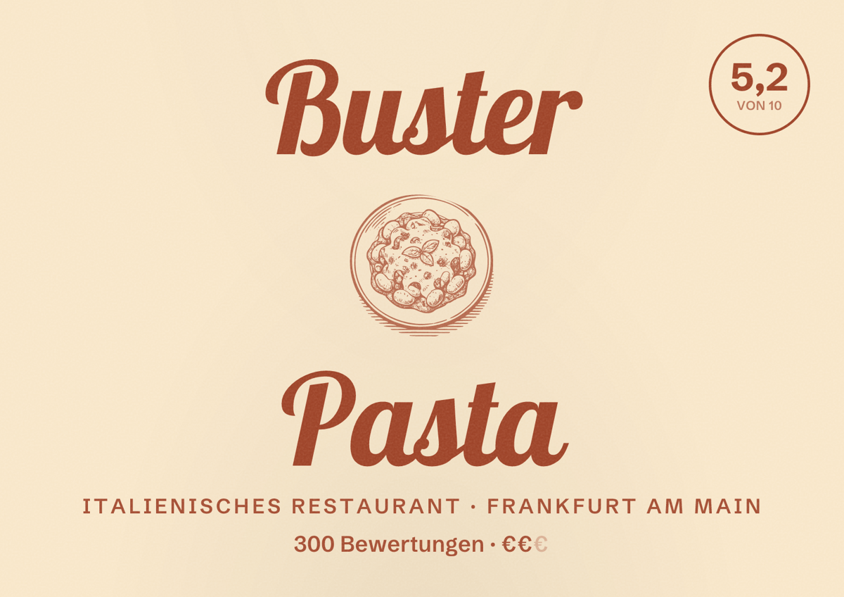 Illustriertes Poster von Buster Pasta, Italienisches Restaurant in Frankfurt am Main: Bewertung 5,2 von 10 aus 300 Bewertungen, Preisniveau €€