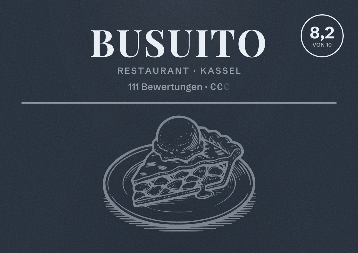 Illustriertes Poster von Busuito, Restaurant in Kassel: Bewertung 8,2 von 10 aus 111 Bewertungen, Preisniveau €€